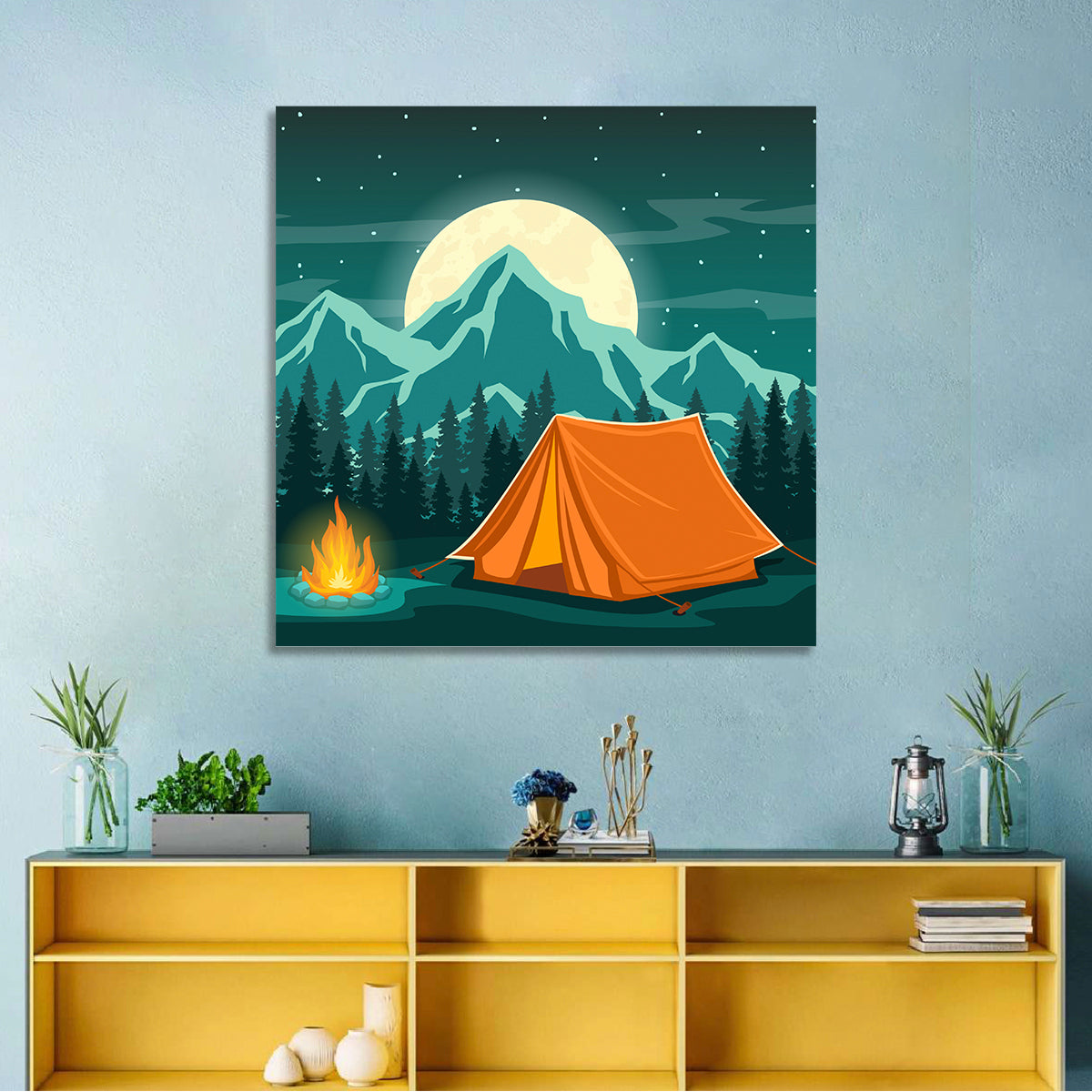 Moonlit Campfire Landscape Wall Art