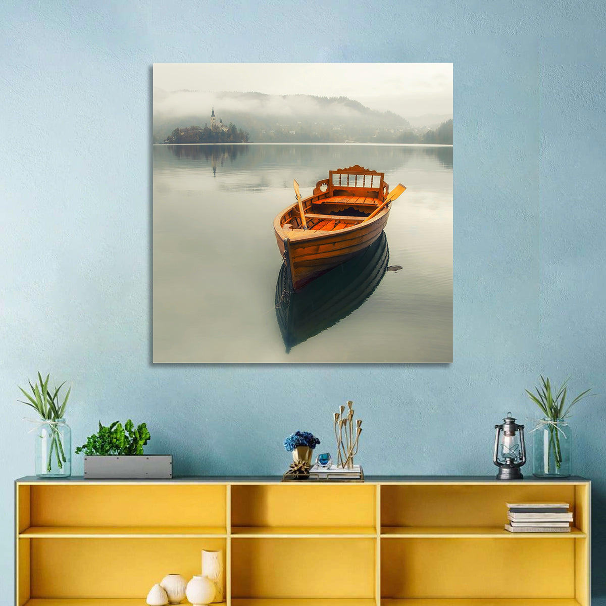 Wooden Boat on Misty Lake Bled Wall Art