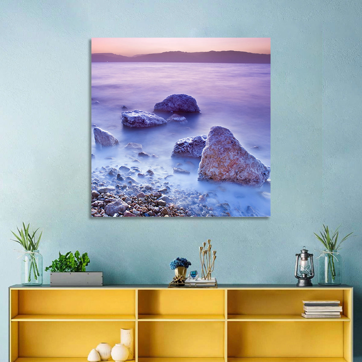 Dead Sea Salt Rocks at Dawn Wall Art in a room, square