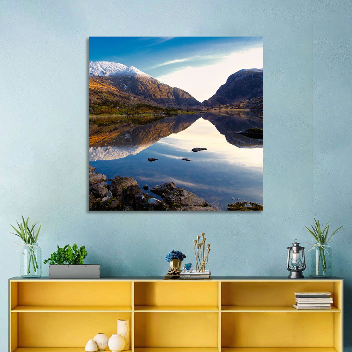 Auger Lake Morning Reflection Wall Art in a room, square