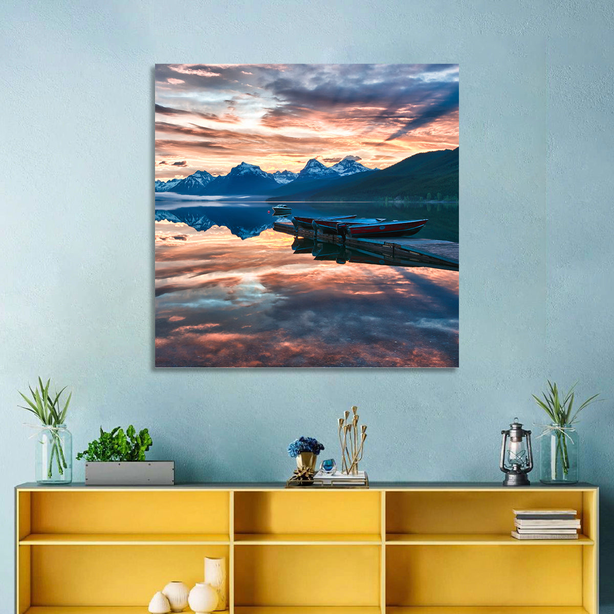 Lake Mcdonald Sunrise Wall Art in a room, square