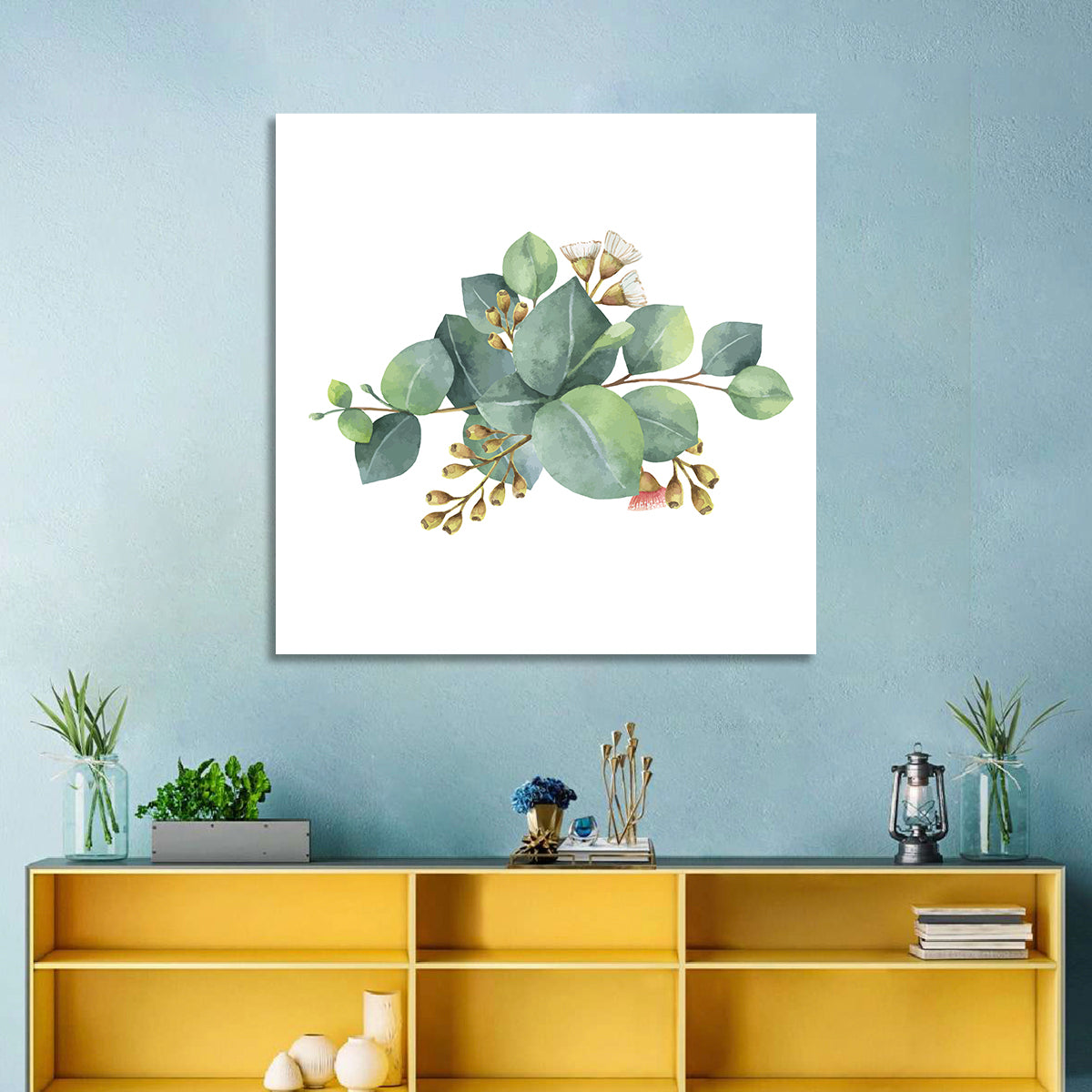 Eucalyptus Leaves with Pink Blossom Wall Art