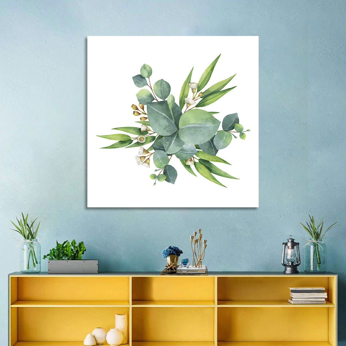 Eucalyptus Leaf Watercolor Cluster Wall Art in a room, square