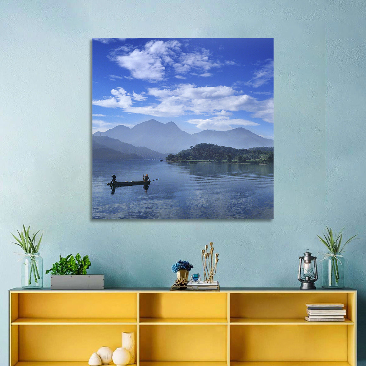 Sun Moon Lake Morning Mist Wall Art in a room, square