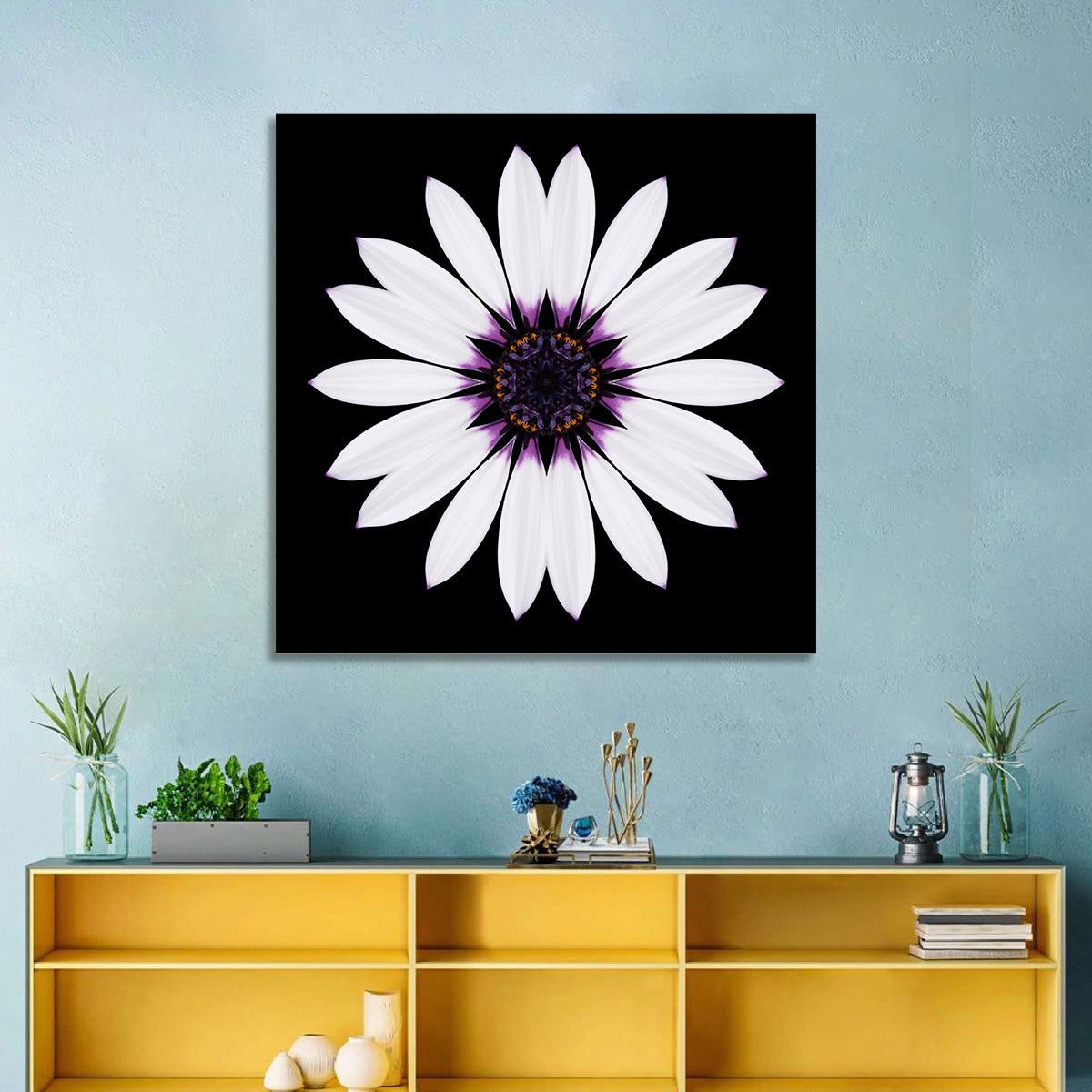 White Daisy Mandala on Black Wall Art in a room, square