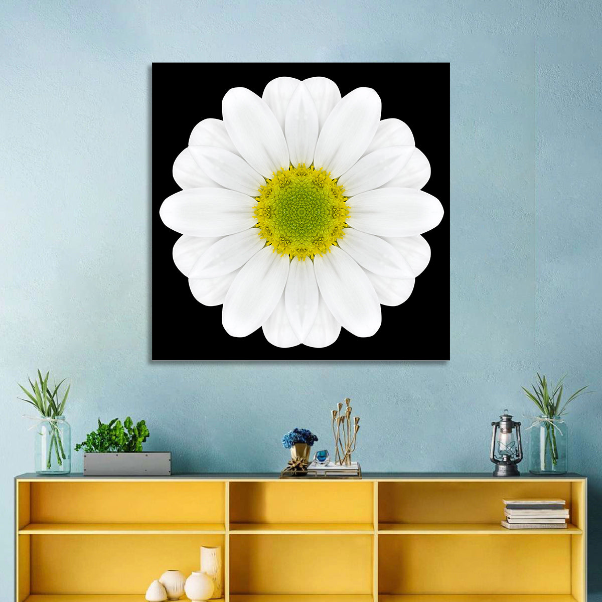 High Contrast Daisy Mandala Pattern Wall Art in a room, square