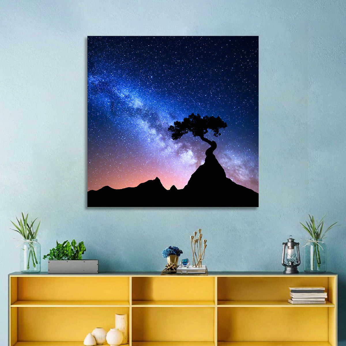 Milky Way Over Mountain Ridge Wall Art in a room, square