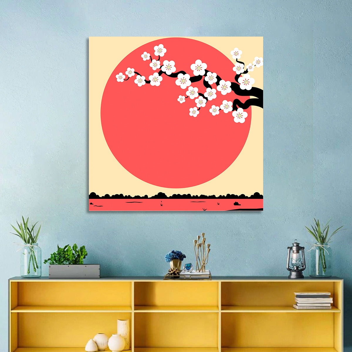Cherry Blossom with Red Sun Wall Art in a room, square