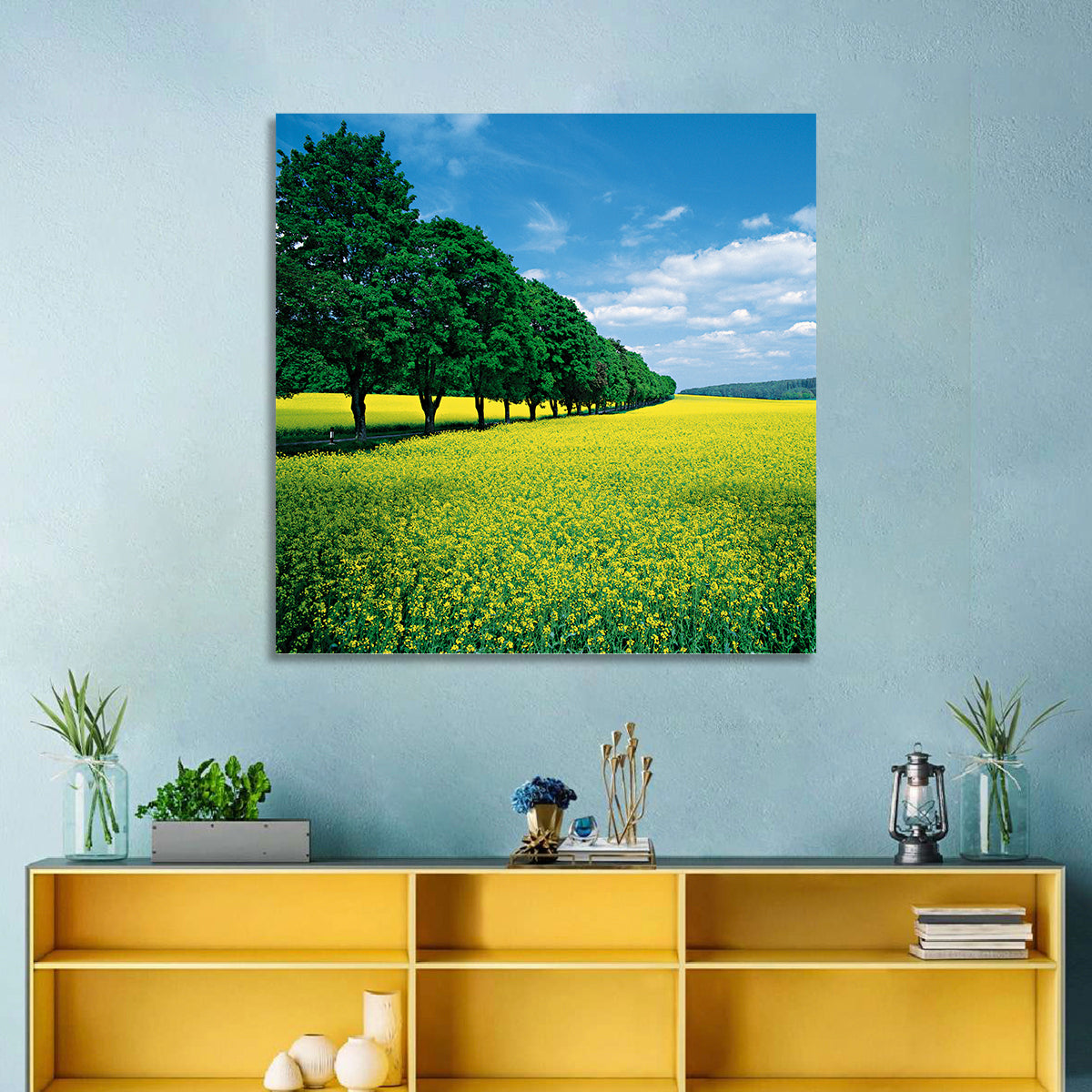 Spring Field of Yellow Flowers Wall Art in a room, square