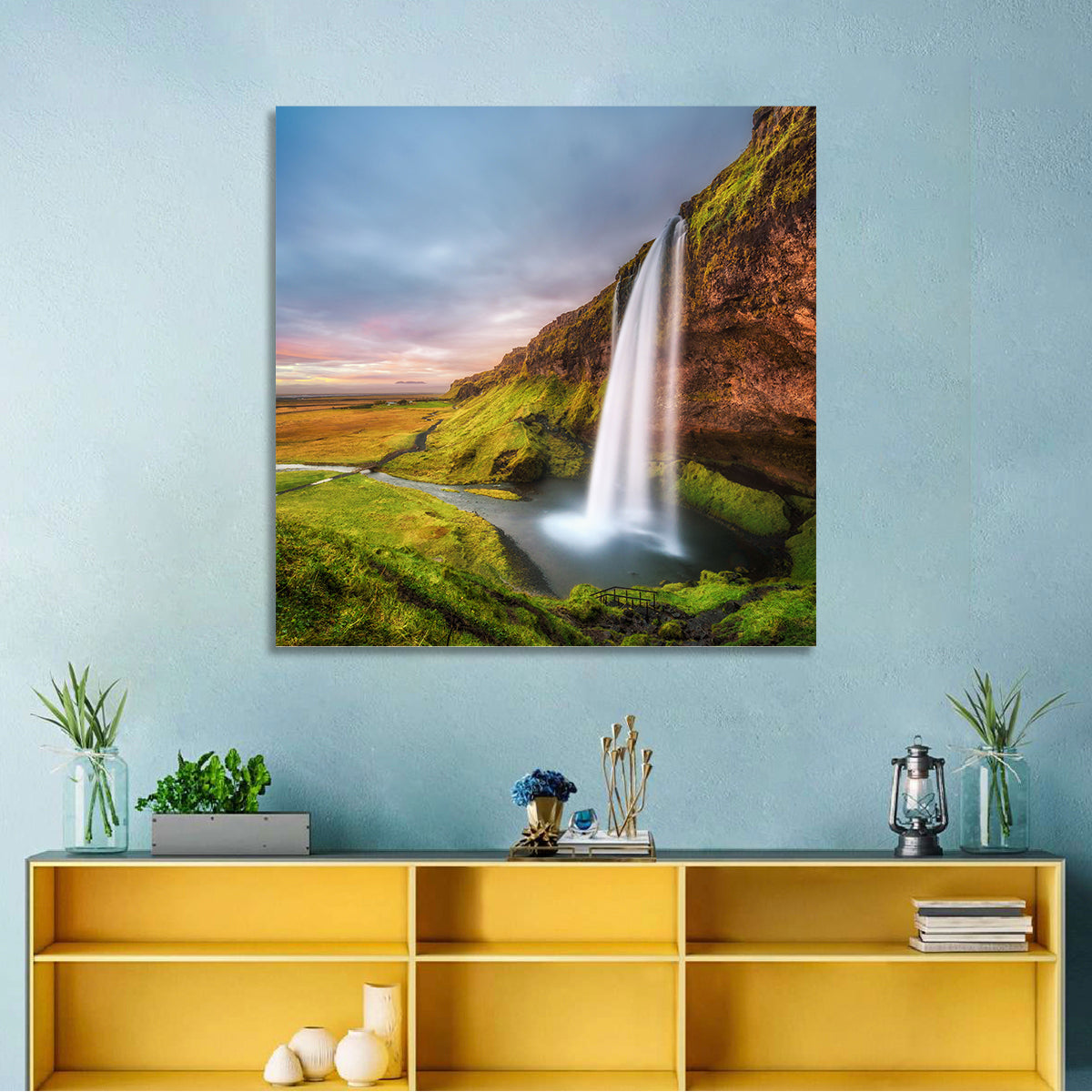 Seljalandsfoss Waterfall Wall Art in a room, square
