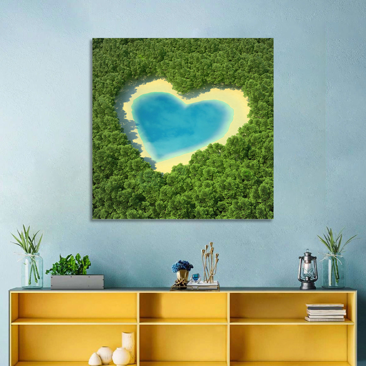 Heart-shaped Pond Aerial View Wall Art in a room, square
