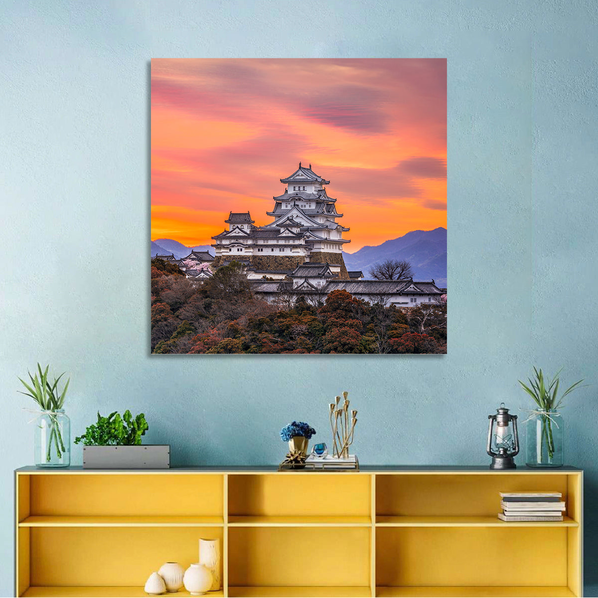 Himeji Castle at Sunrise Wall Art in a room, square