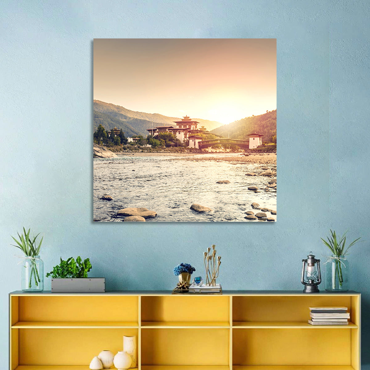Punakha Dzong at Golden Hour Wall Art in a room, square
