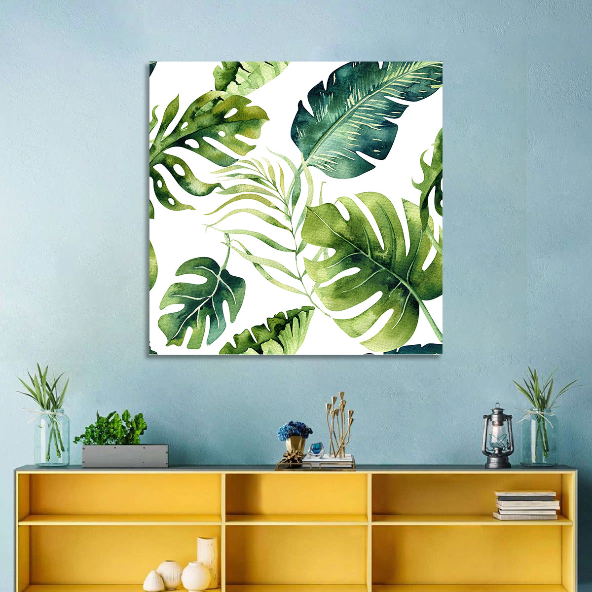 Tropical Watercolor Leaves Wall Art in a room, square