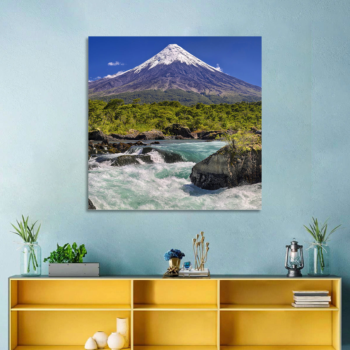 Osorno Volcano Over Petrohue Rapids Wall Art in a room, square