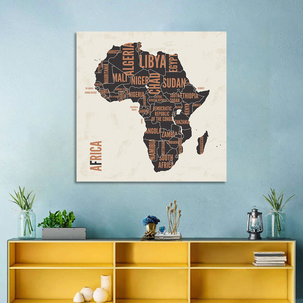 Typographic Africa Map with Country Names Wall Art in a room, square