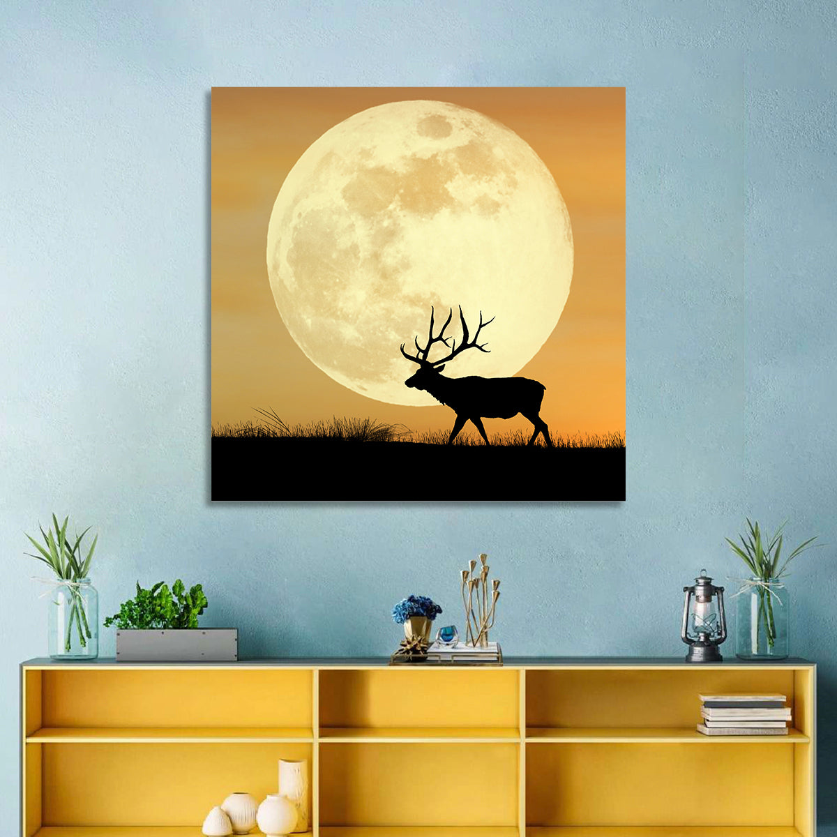 Bull Elk Silhouette Under Supermoon Wall Art in a room, square