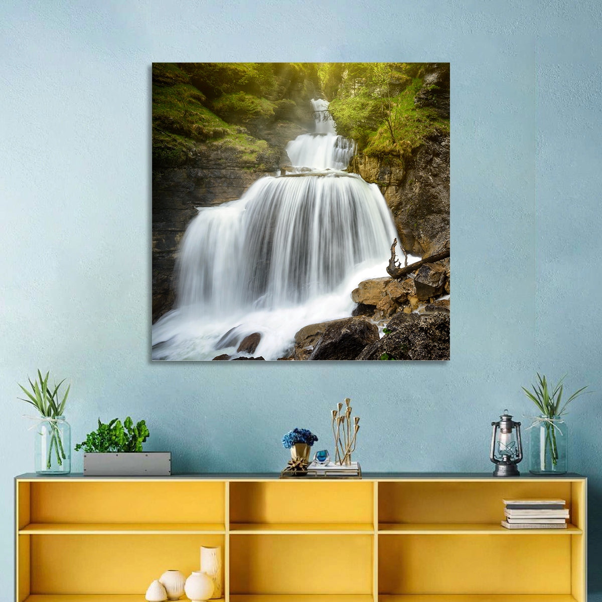 White Cascade Over Mossy Rocks Wall Art in a room, square