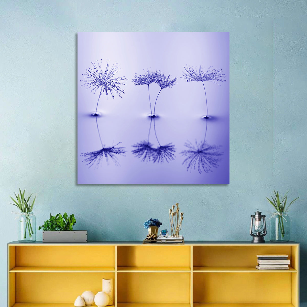 Blue Dandelion Seeds with Reflections Wall Art in a room, square