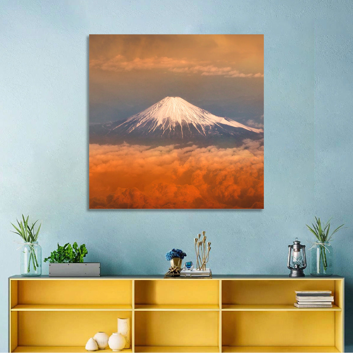 Snow-capped Mount Fuji at Sunset Wall Art in a room, square