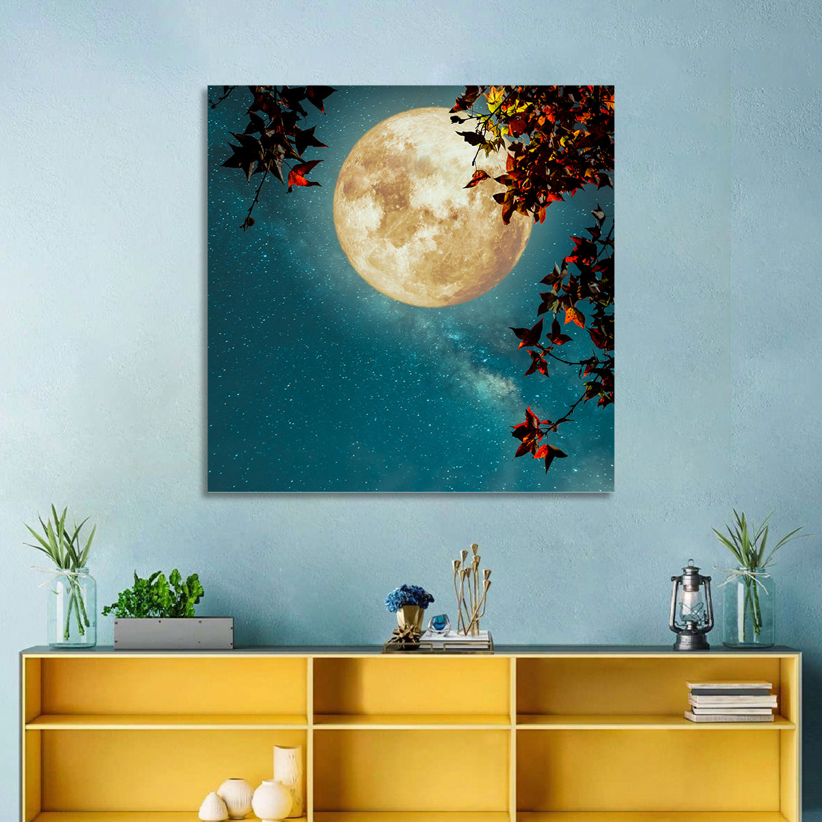 Autumn Moon with Milky Way Wall Art in a room, square
