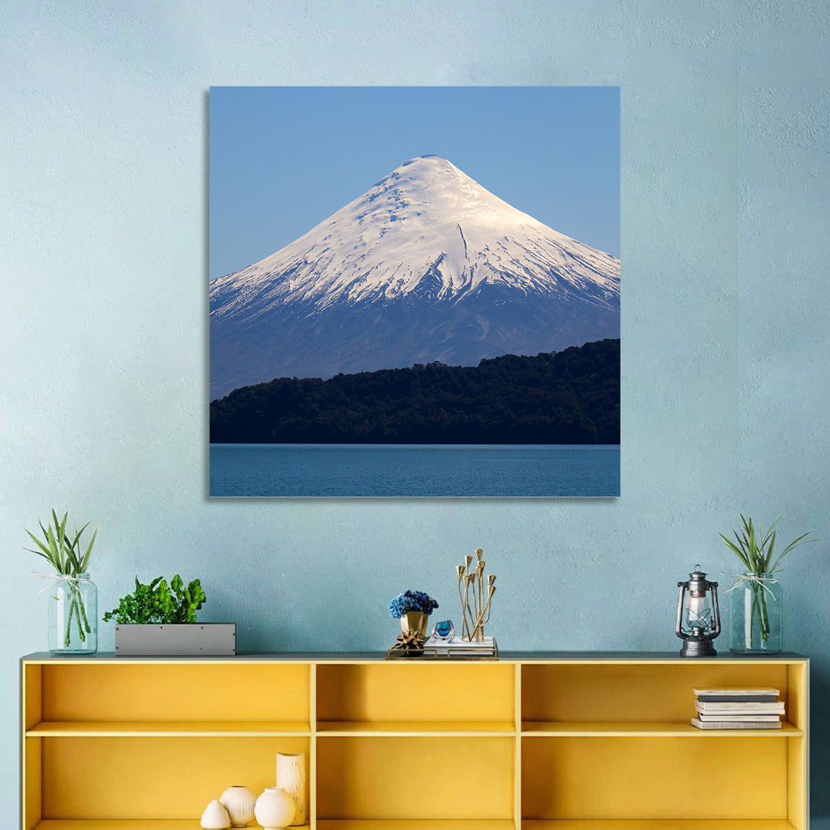 Snow-capped Osorno Volcano Over Lake Wall Art in a room, square