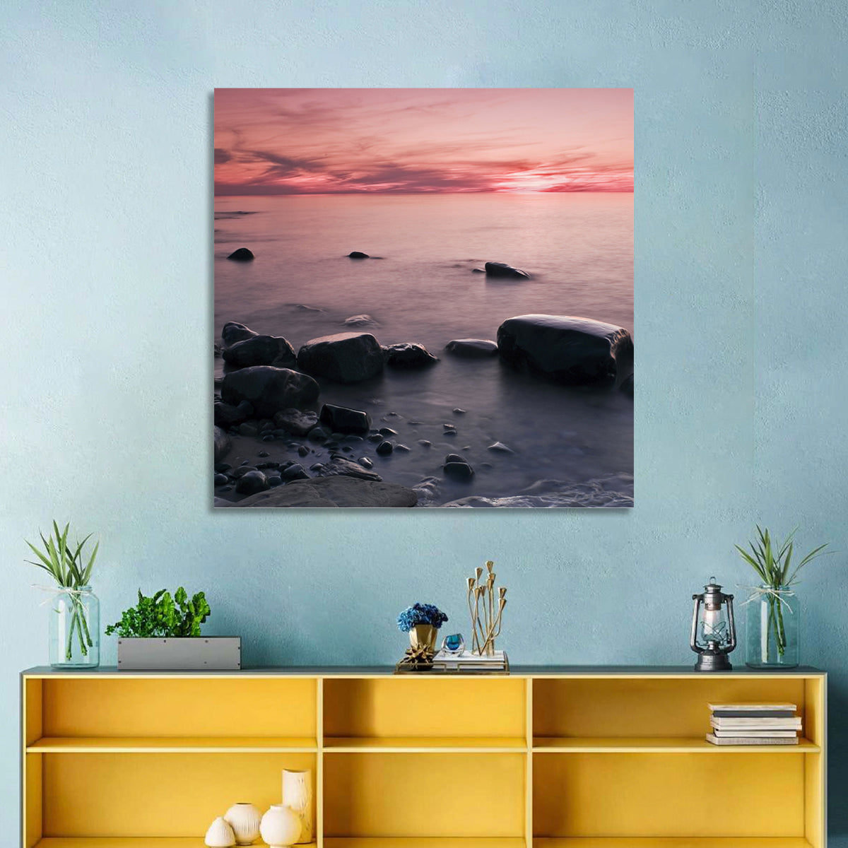 Pink Dusk Lakeshore with Silhouetted Rocks Wall Art in a room, square