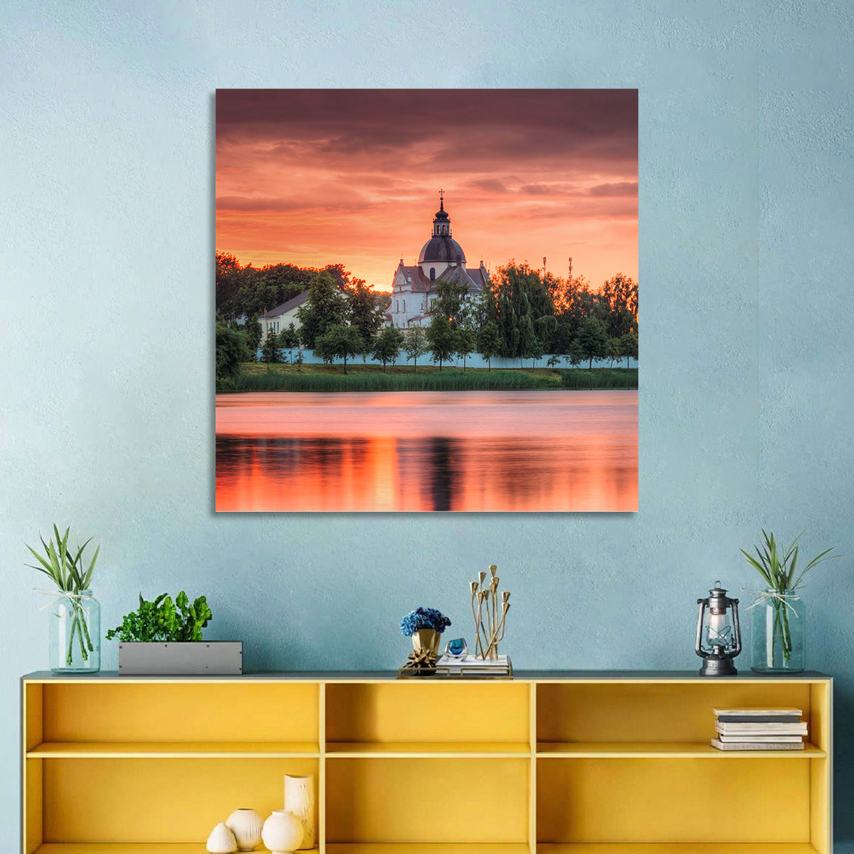 Corpus Christi Church Sunset Reflection Wall Art in a room, square