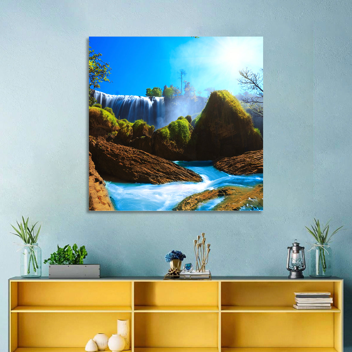 Sunlit Turquoise Waterfall Wall Art in a room, square
