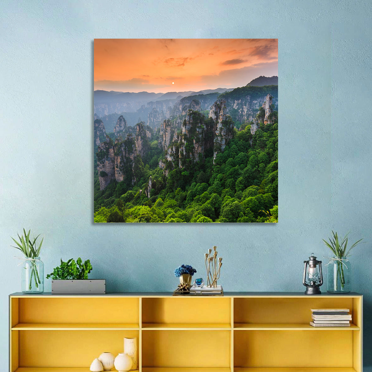 Zhangjiajie Forest at Sunset Wall Art in a room, square
