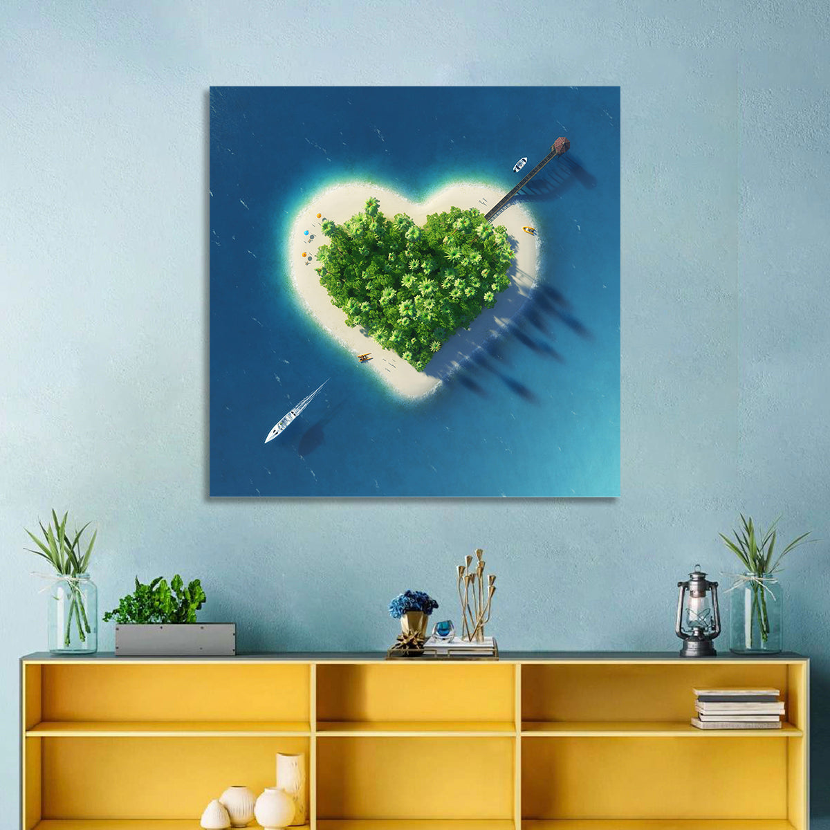 Heart-shaped Island Aerial Wall Art in a room, square