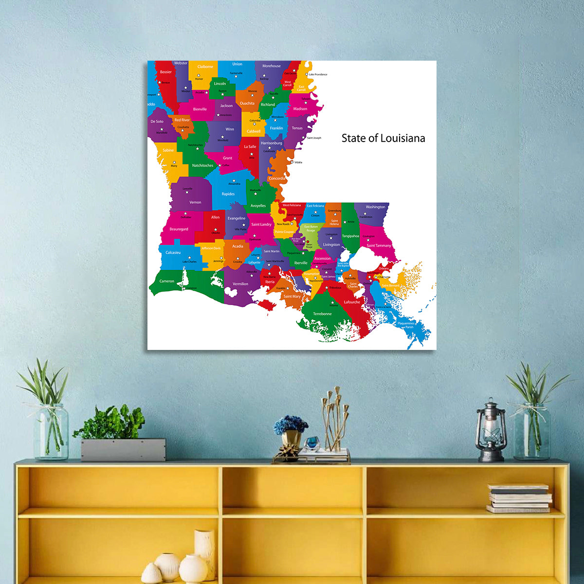 Colorful Louisiana Parish Map Wall Art in a room, square