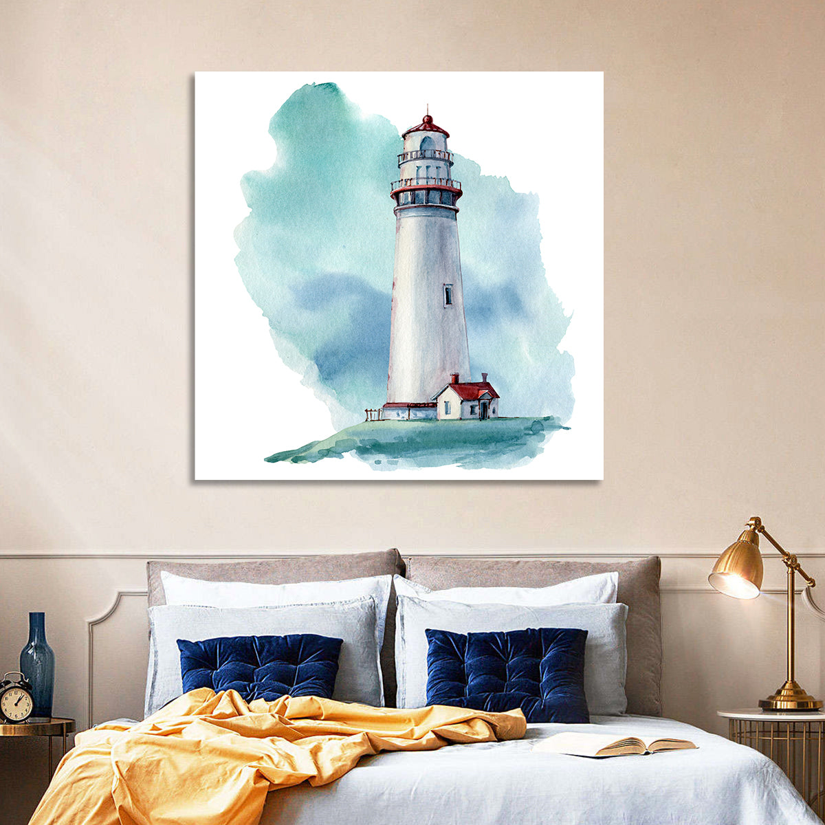 Red Roof Lighthouse Watercolor Wall Art in a room, square