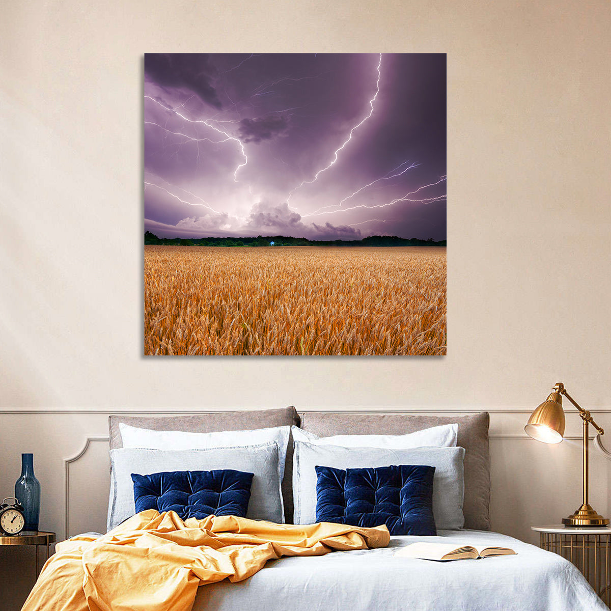 Lightning Over Wheat Field Wall Art in a room, square