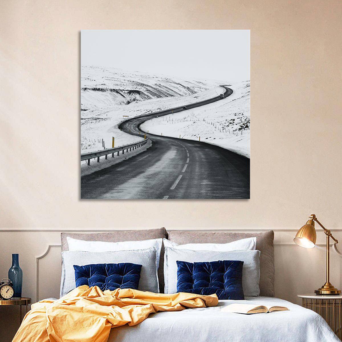 Winding Snow Road with Yellow Markers Wall Art in a room, square