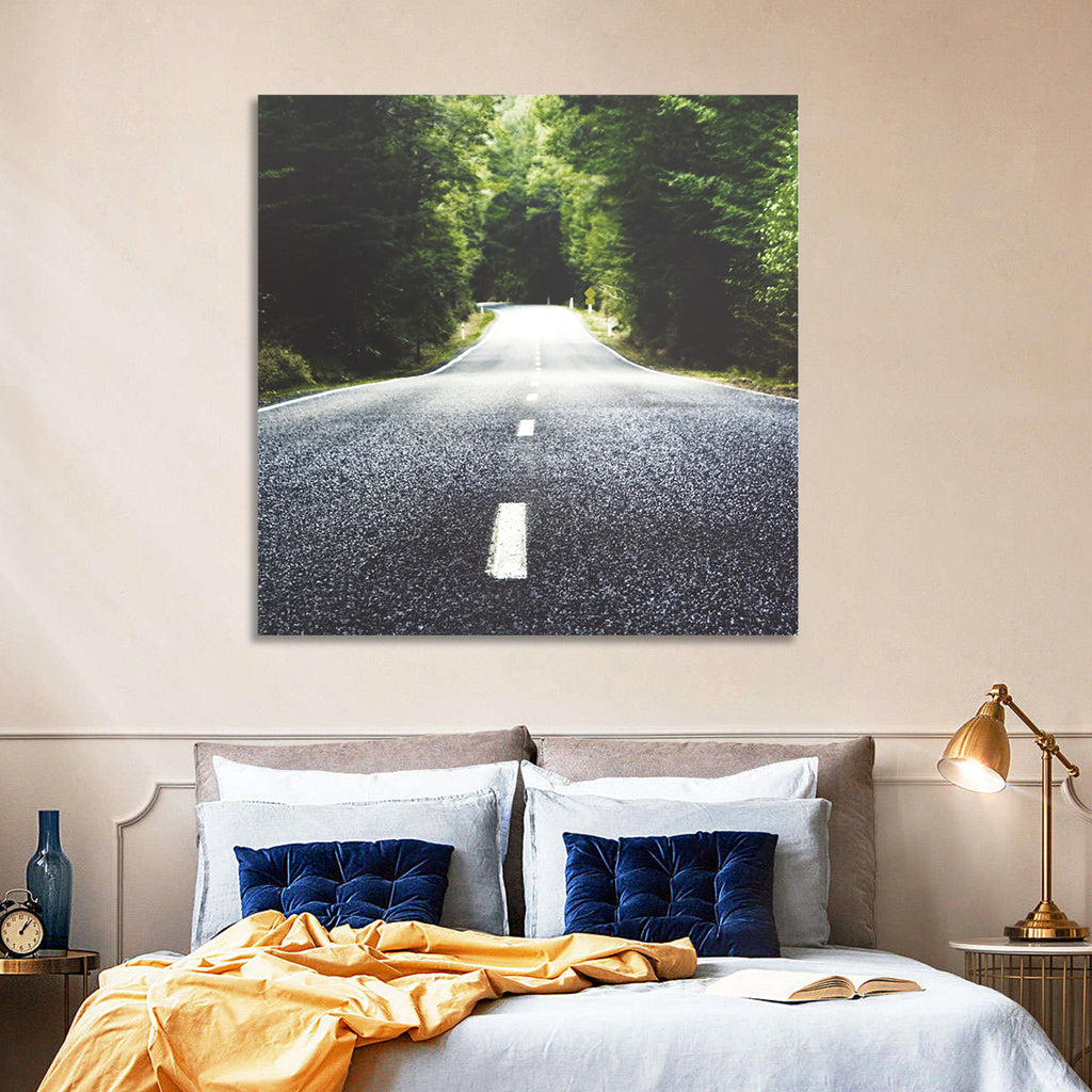 Summer Forest Road with Yellow Sign Wall Art