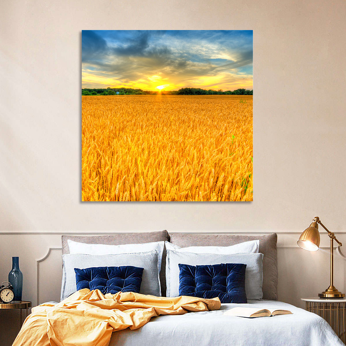 Wheat Field Sunset Wall Art in a room, square