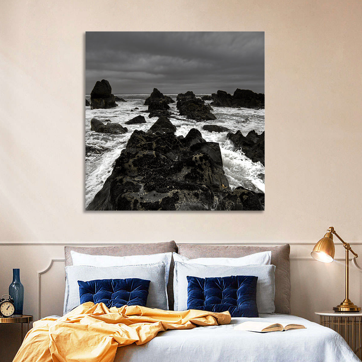 Moody Black and White Rocky Coast Waves Wall Art