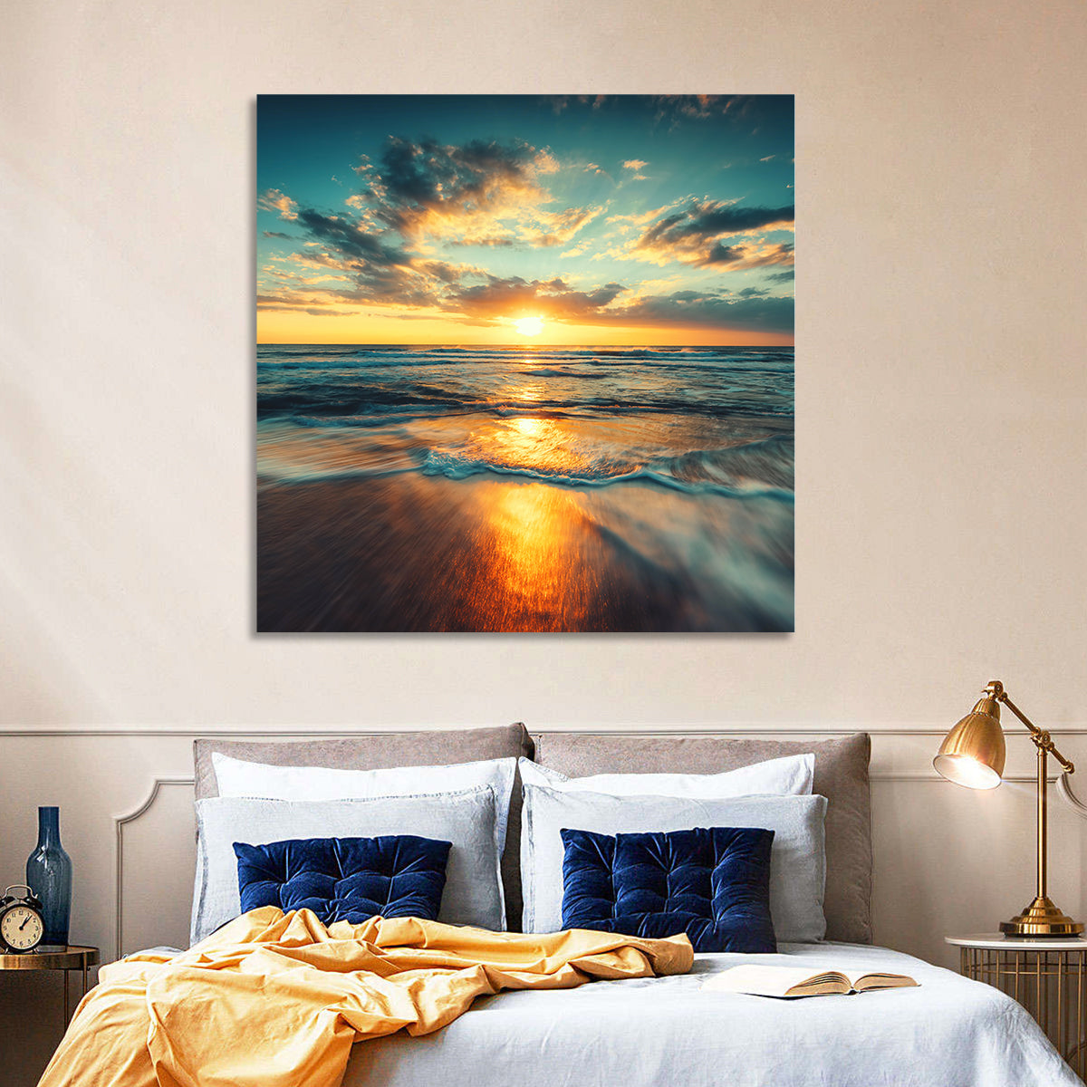 Sunlit Cloudscape Over Beach Wall Art in a room, square