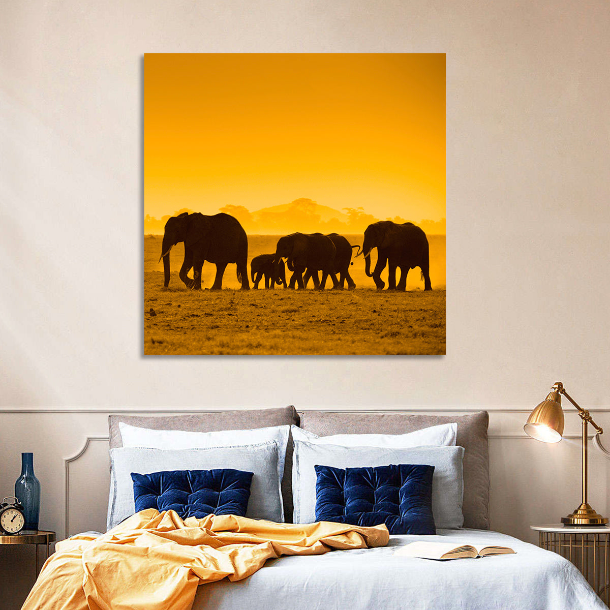 Elephant Family Silhouette Wall Art in a room, square