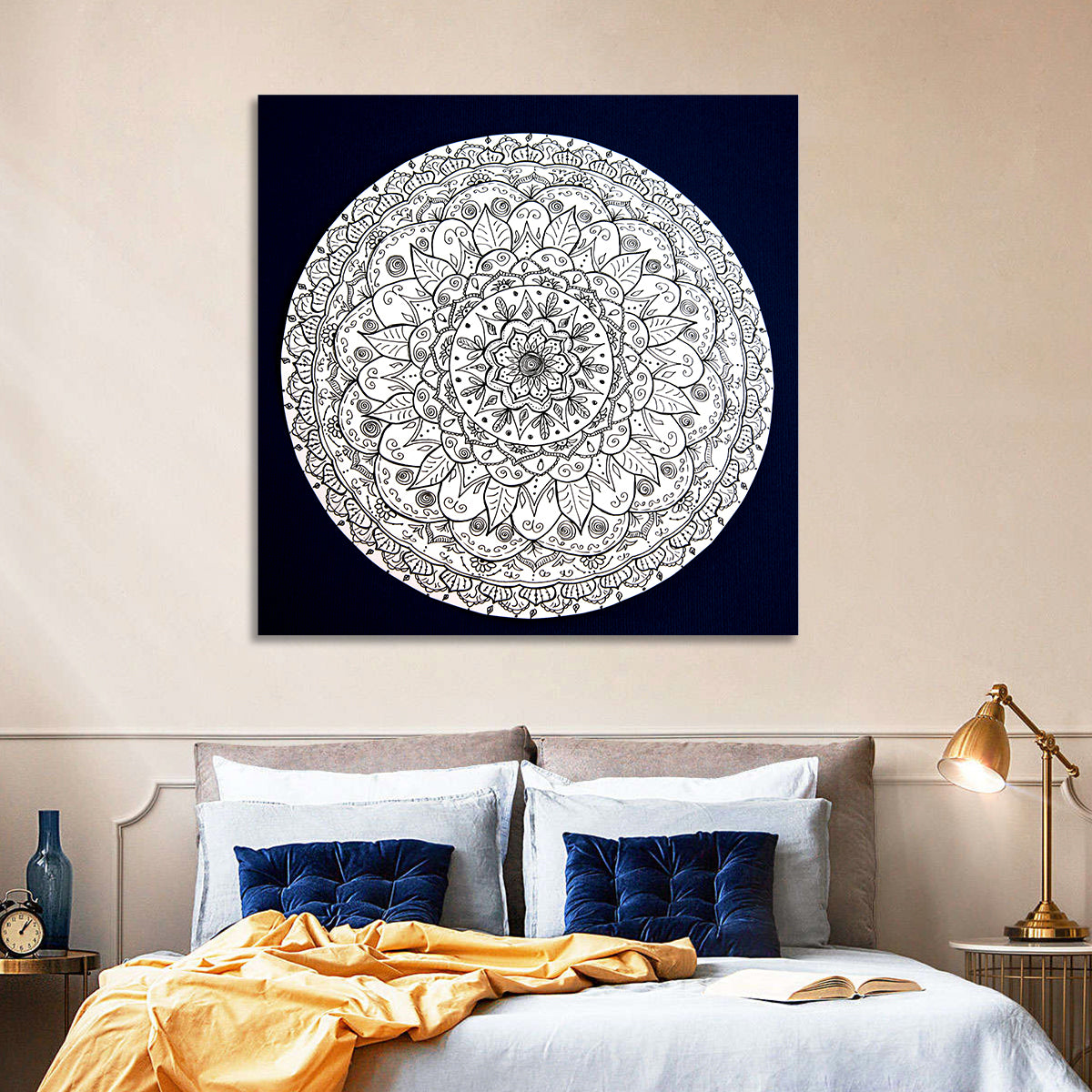Navy Ornamental Mandala Wall Art in a room, square