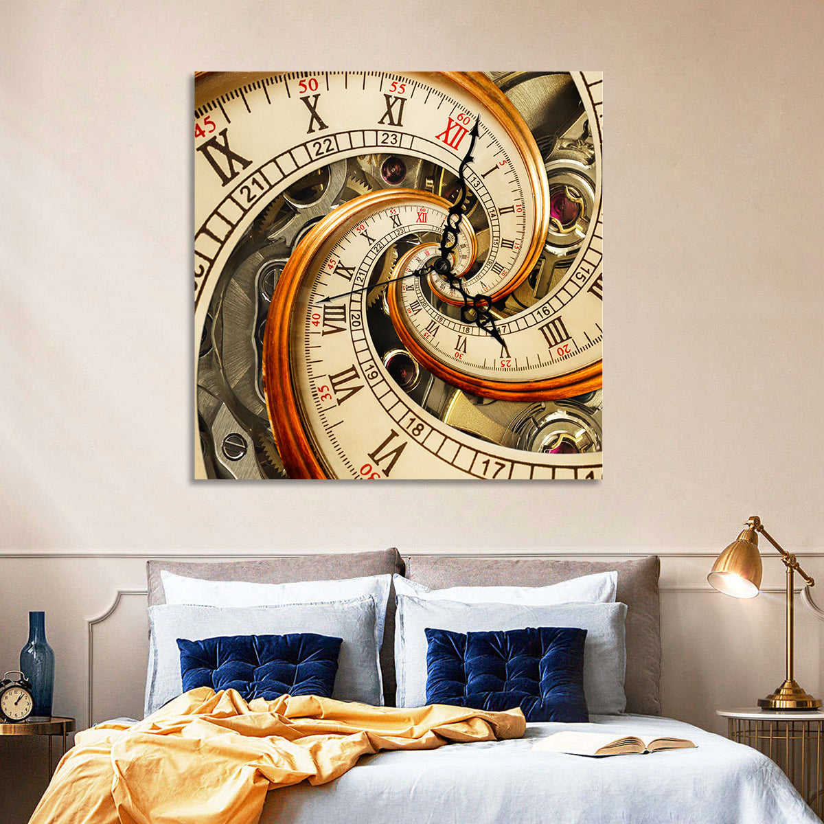 Surreal Infinity Clock Spiral Wall Art in a room, square