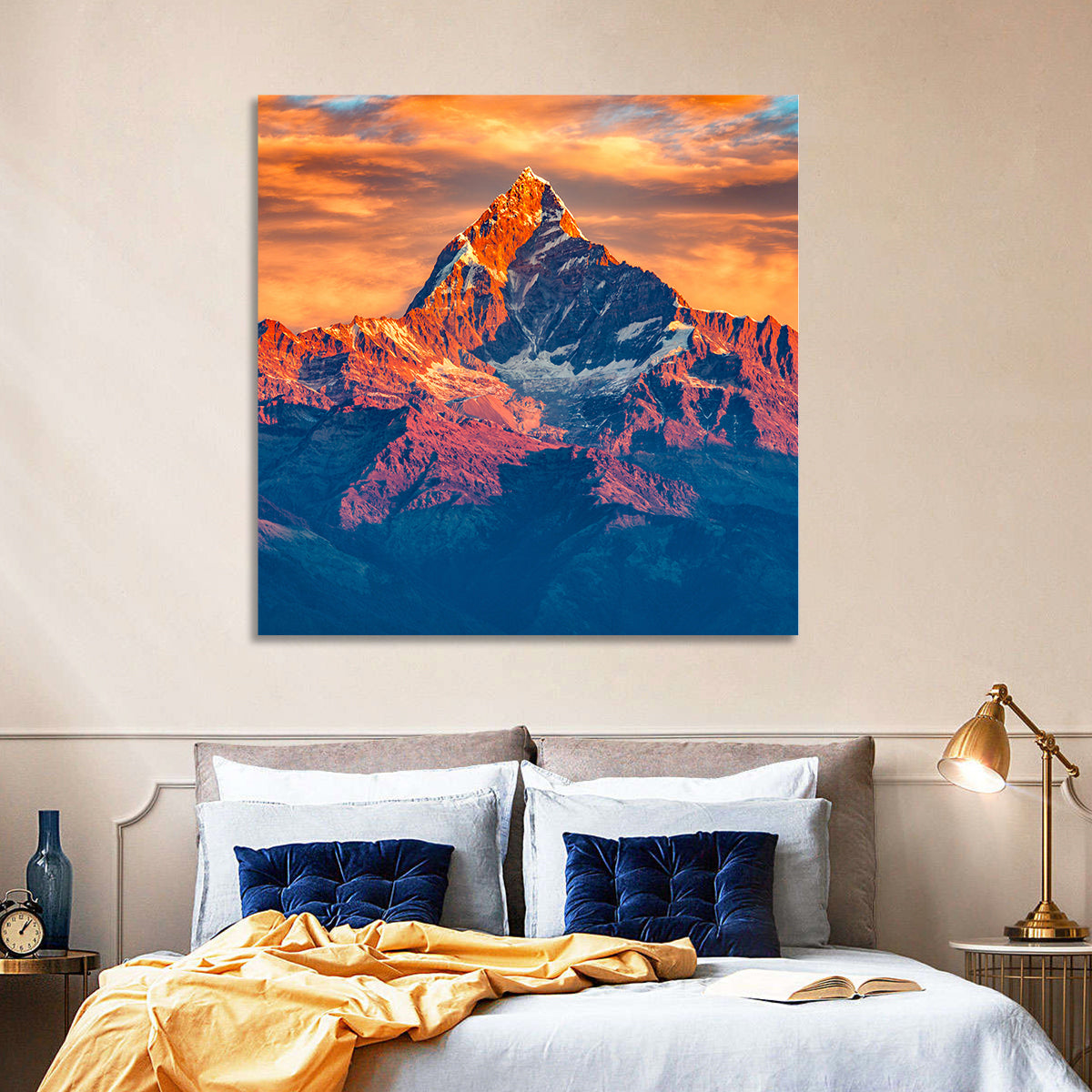 Machhapuchhre Sunrise Over Pokhara Wall Art in a room, square