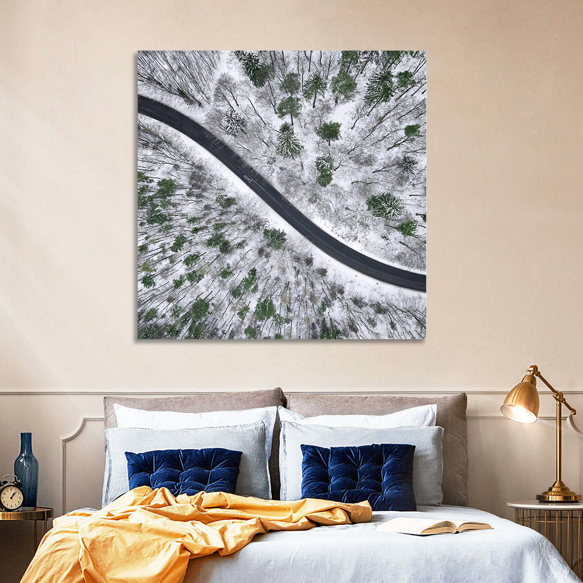 Snowy Forest Road Wall Art in a room, square