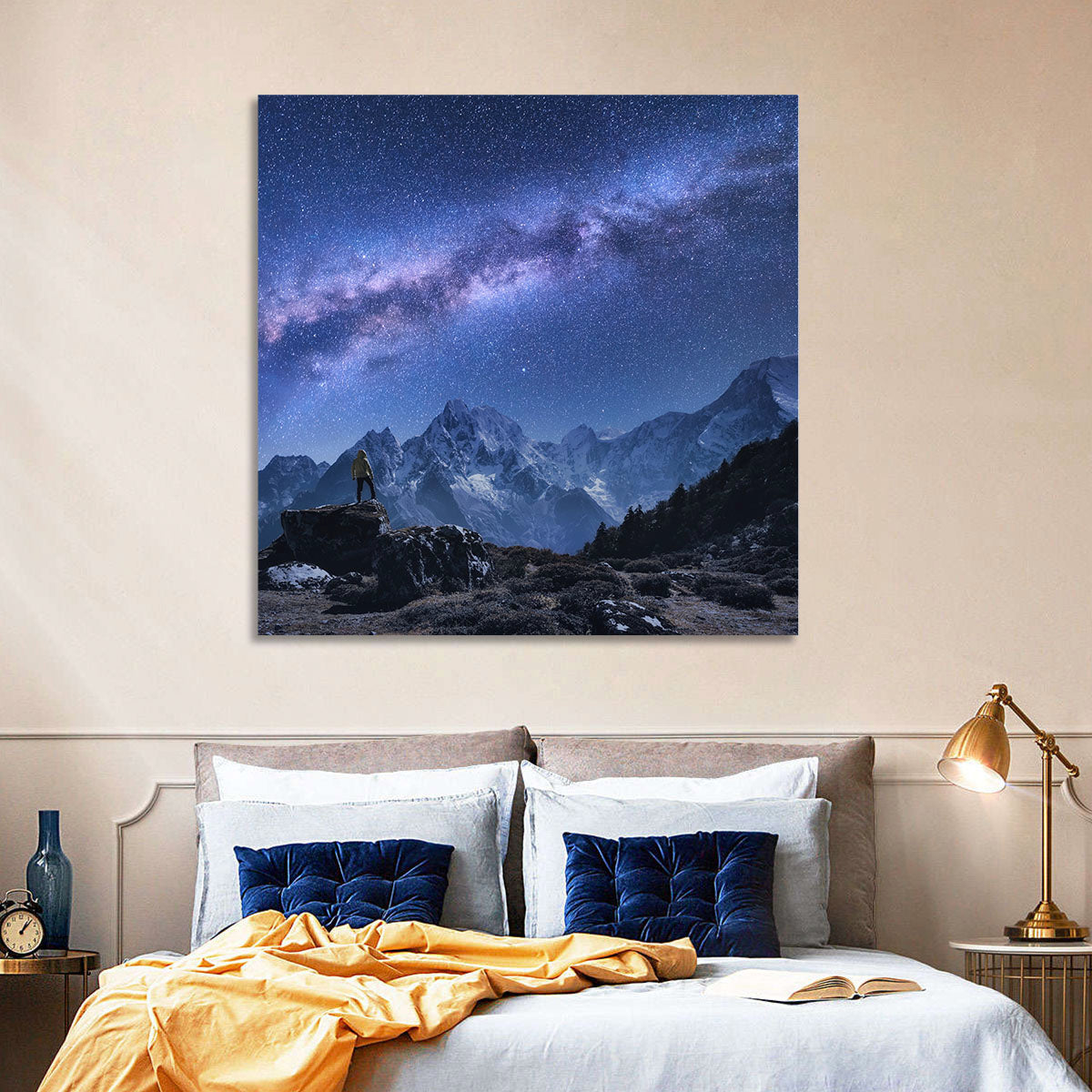 Milky Way Over Snow Capped Peaks Wall Art in a room, square