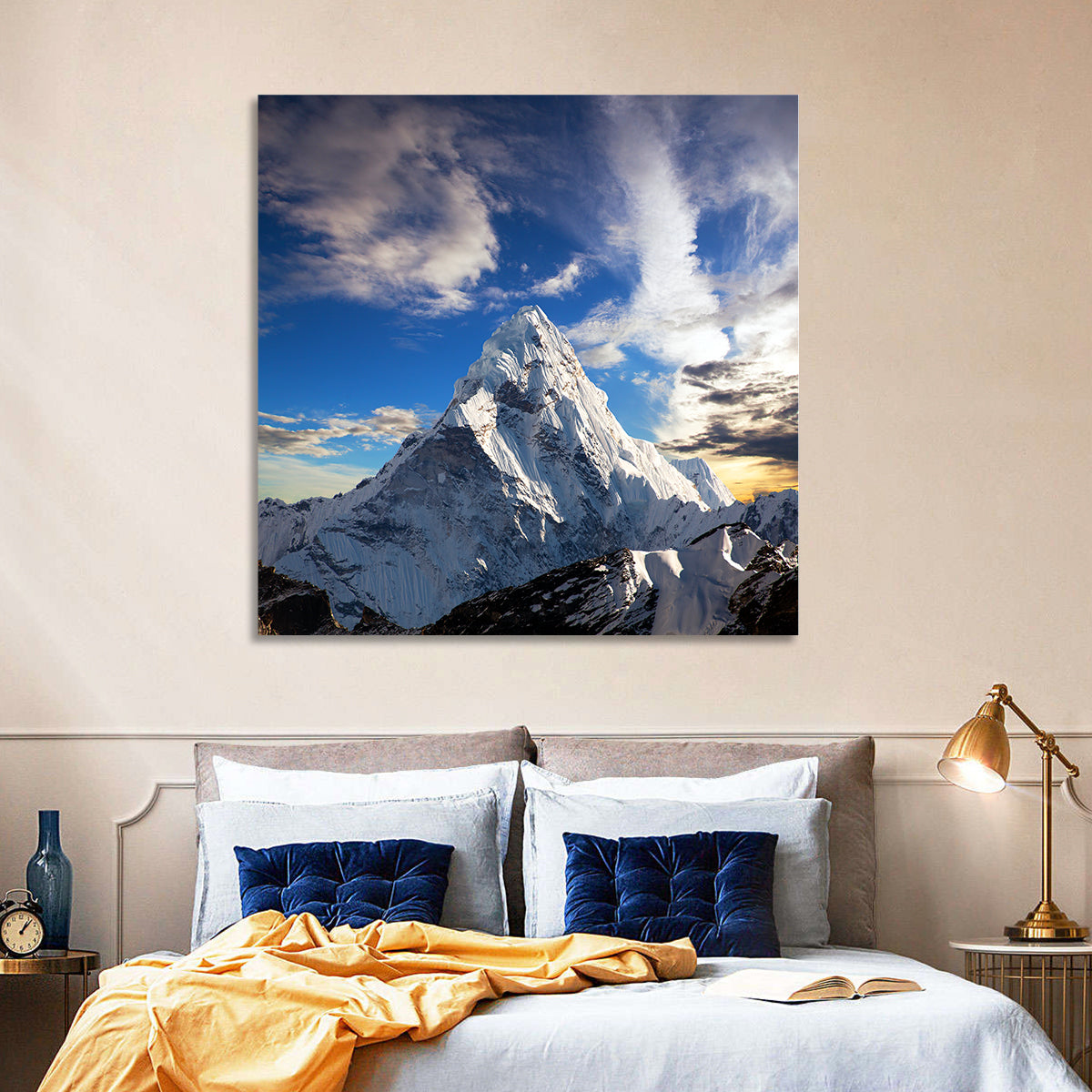 Ama Dablam at Golden Dusk Wall Art in a room, square