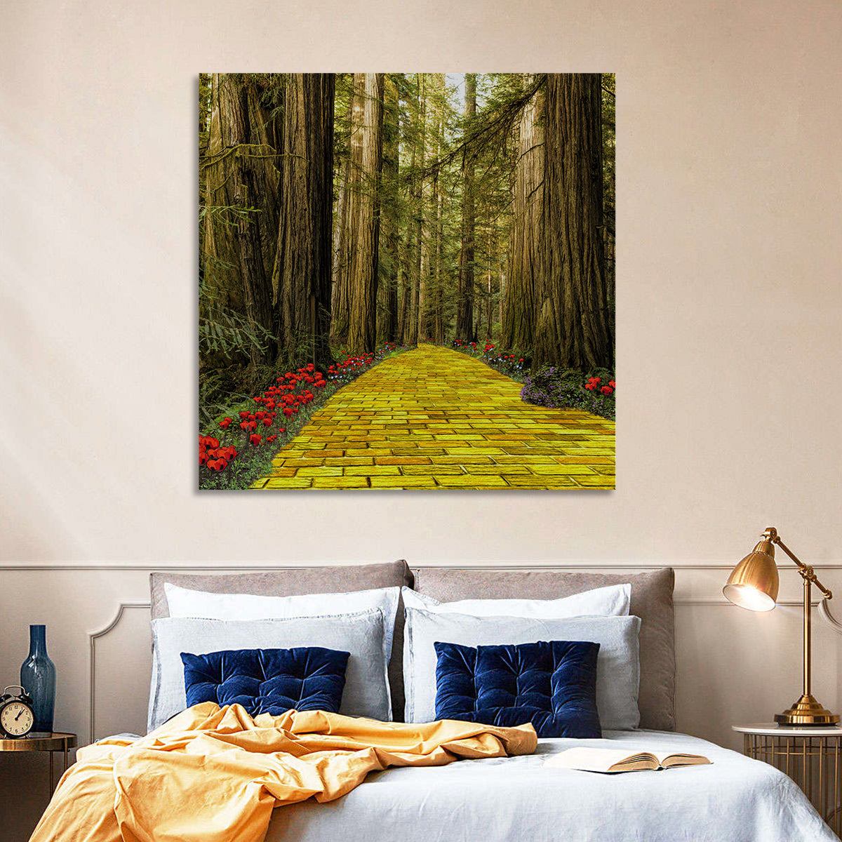 Yellow Brick Path Through Redwoods Wall Art in a room, square