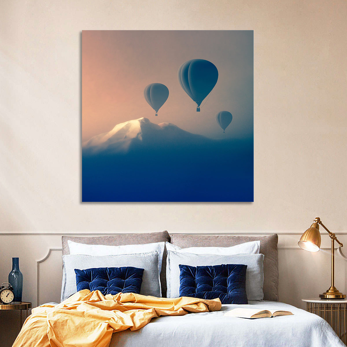 Three Hot Air Balloons Over Misty Peak Wall Art in a room, square