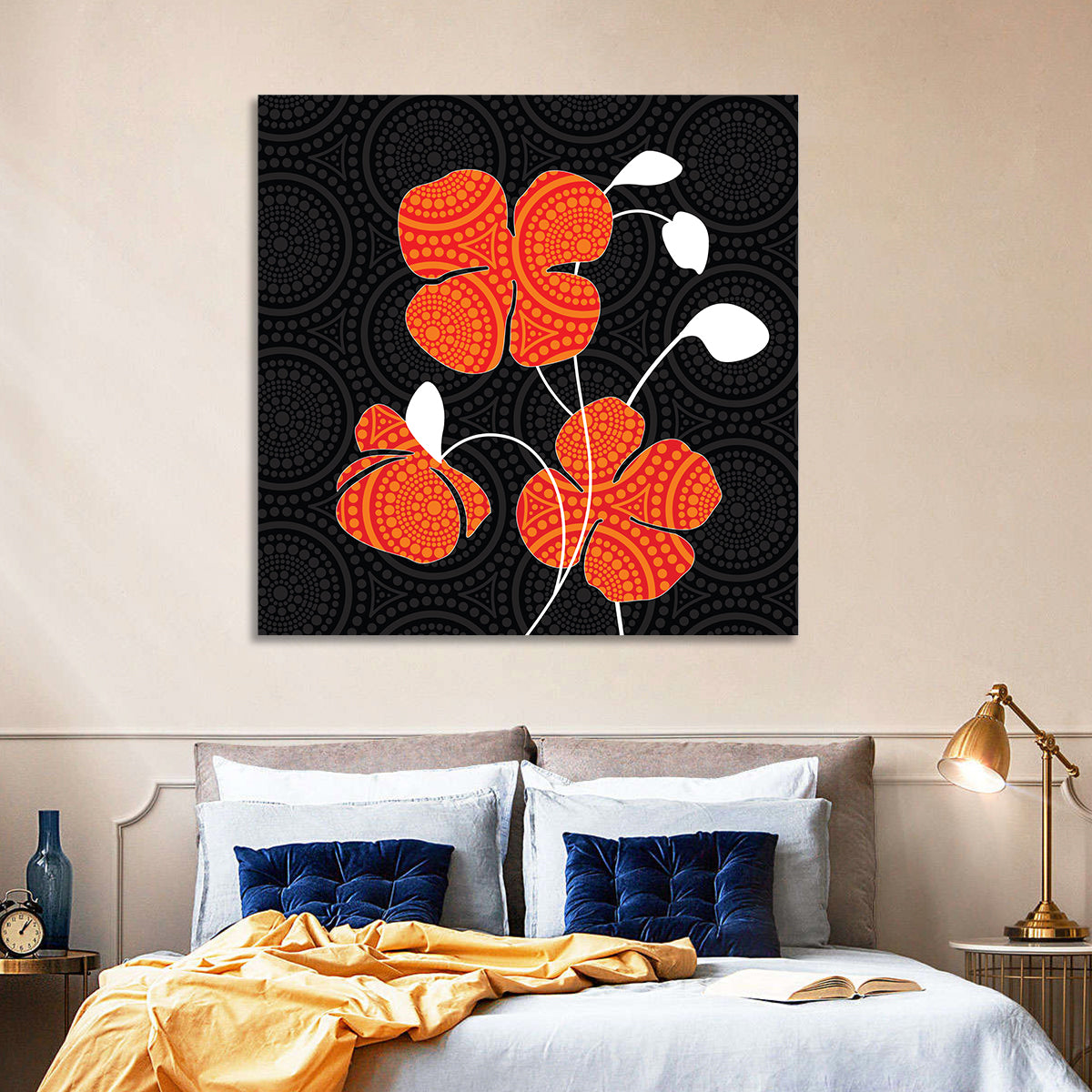 Black and Orange Poppy Illustration Wall Art in a room, square