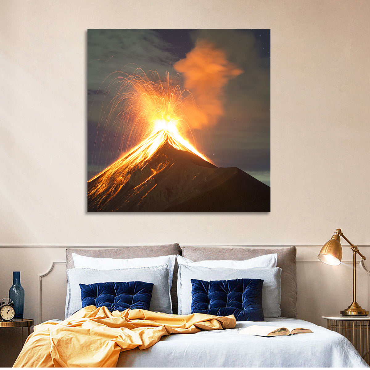 Starry Night Volcano Eruption Wall Art in a room, square